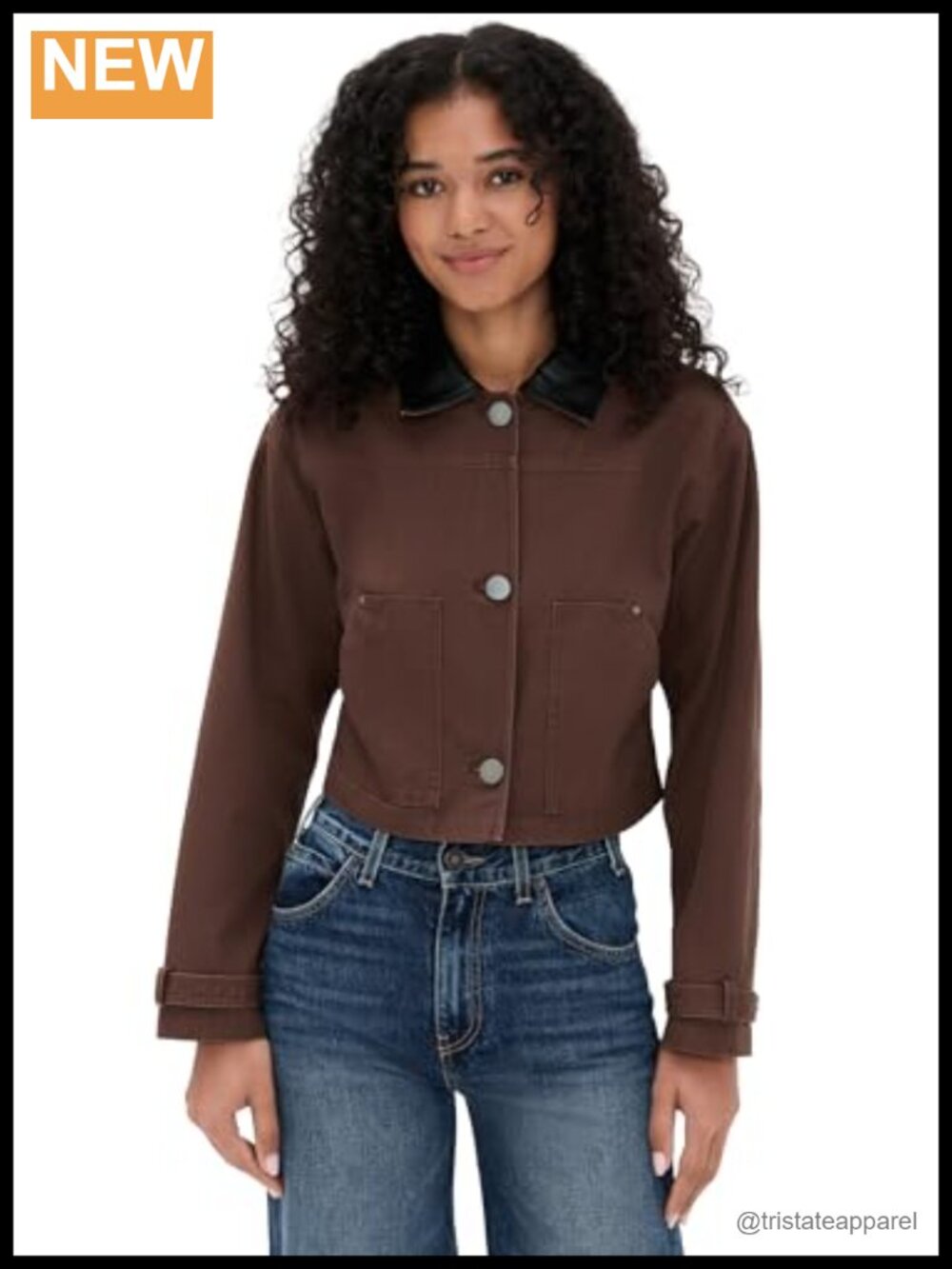 Cropped Cotton Canvas Jacket with Faux Leather Trim - Button Front